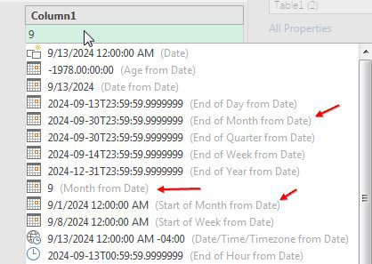 Using Column from Examples. With a date of 9/13/2024, type an example of 9 and the drop-down offers many choices, including End of Month from Date, End of Quarter from Date, Month from Date, Start of Month from Date, Start of Week from Date. Many of these would be tricky in Excel.