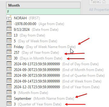 In Column From Examples, start to type F, and the suggestions include 5 for Day of Week from Date, Friday, 257 for Day of Year from Date, 30 for Days in Month from Date, 3 for Quarter of Year from Date. 