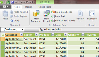 The same data from the Excel table is shown in the Linked Table tab of the Power Pivot window.