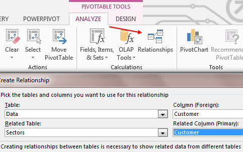 The first Pivot Table tab in the Ribbon offers a Relationships icon. In the Create Relationship dialog box, specify Table = Date, Column = Customer. Related Table = Sectors. Related Column = Customer. This replaces a lot of VLOOKUP formulas.