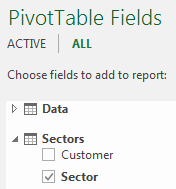 When you choose All from the PivotTable Fields list, you can choose fields from either the Data table or the Sectors table. Here, the Sector field is chosen from the Sectors table.