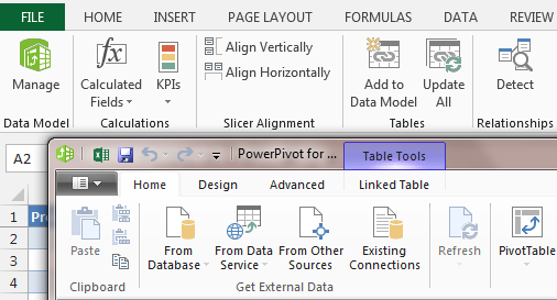 The Excel ribbon offers a Manage icon (both on the Data tab and the Power Pivot tab). Click Manage and you launch a Power Pivot window with a new Ribbon: Home, Design, Advanced, Linked Table.