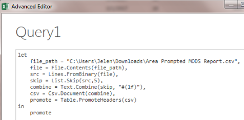 Some M code as viewed in the Advanced Editor. There is a line that says
skip = List.Skip(src, 5),
This is the line that tells Power Query to skip the first five rows. 