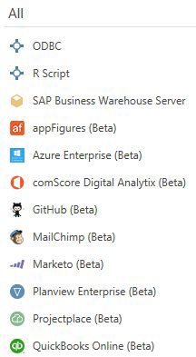 The list of supported data sources is long, including ODBC, R Script, SAP Business Warehosue Server and more.