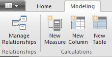 On the Modeling tab in Power BI Desktop, you have Manage Relationships, New Measure, New Column, New Table.