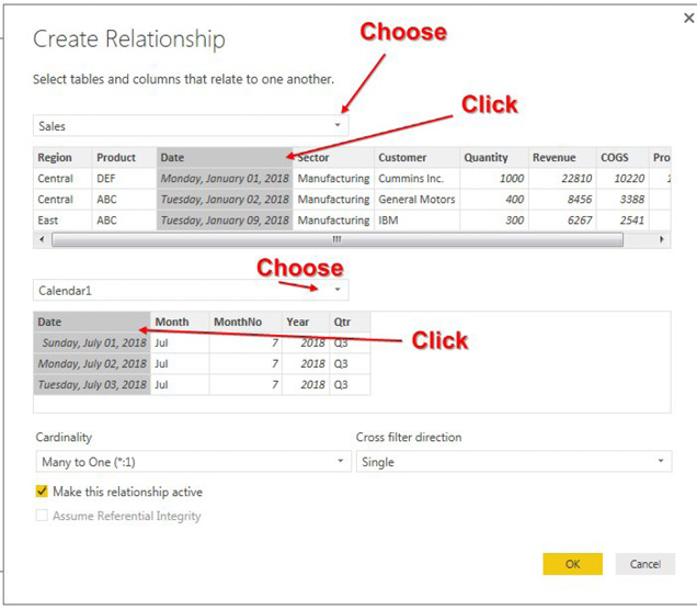 To create a relationship between Sales and Calendar1, select Sales from the top drop-down in the Create Relationship dialog. Choose Calendar1 from the second table. Click on the Date heading in both tables. Click OK.