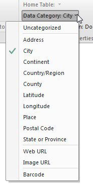 For any field, you can choose a category: Address, City, Continent, Country, Latitude, Longitude, Place, Postal Code, State or Province, Web URL, Image URL, and Barcode.