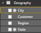 After defining a field as City or State, a tiny globe icon appears next to the field. 