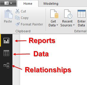 In Power BI Desktop, there are three icons in the left margin. They are Report, Data, and Relationships.