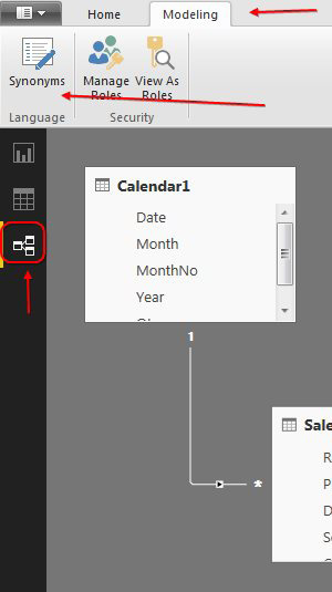 Using the Relationships icon on the left, you will see a diagram showing that Sales is connected to Calendar and Georgraphy.