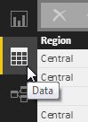 There are three icons to the left of the canvas in Power BI Desktop: The first icon is Reports, then Data, then Relationships. Choose the Data Icon.