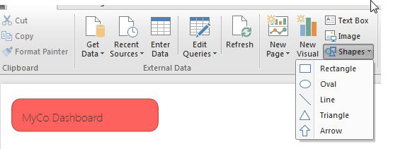 Adding a Shape that says My Company Dashboard. The shape types are Rectangle, Oval, Line, Triangle, and Arrow.