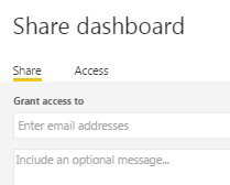 The Share Dashboard panel offers a place where you can share the dashboard with an e-mail address.