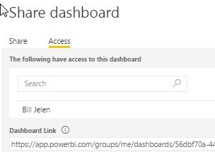 The second tab in the Share Dashboard panel is called "Access". It shows all people who have been granted access to the dashboard.