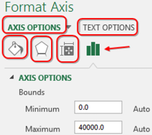 The Format Axis pane is massively confusing. The first level of menu are two tabs that say Axis Options or Text Options. Within Axis Options, there are four icons: Painbrush, Pentagon with Shadow, Resize, and then the icon with a column chart. That last icon often has the useful settings.