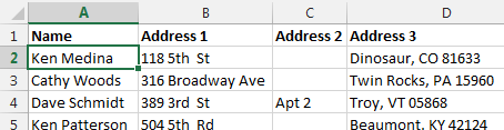 Data in Excel for the mail merge. Headings in Row 1 say Name, Address1, Address2, Address3.