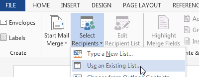 In Word, open the Select Recipients drop-down and choose Use An Existing List.