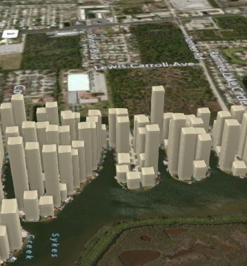 A series of different-height columns appears on a map of a neighborhood. The height of the column shows the last sales price of the house.