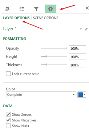 Click the Gear icon, then Layer Options. Three sliders offer Opacity, Height, and Thickness. A drop-down offers a color. You can choose if you show zeroes, negatives, or nulls.