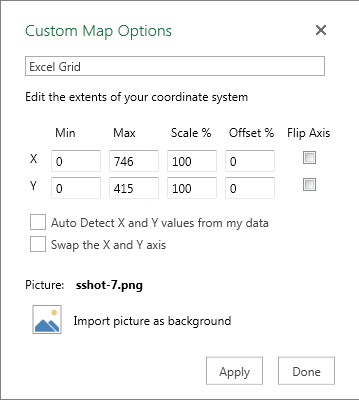 In the Custom Map Options, you specify the Min, Max, Scale, Offset and Flip Axis for both X and Y locations. There are checkboxes for Auto Detect X and Y values and to Swap X & Y data. At the bottom, an icon to Import picture as background.