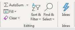 The new Ideas icon is a blue lightning bolt found to the right of Find and Select on the right side of the Home tab of the Ribobn. 