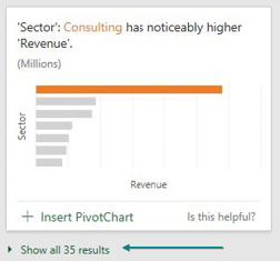 One of the tiles returned by Ideas. It says Sector Consulting has Noticeably Higher Revenue. Choices at the bottom include Insert PivotChart and Is This Helpful? Below this tile is a link to Show All Results. 