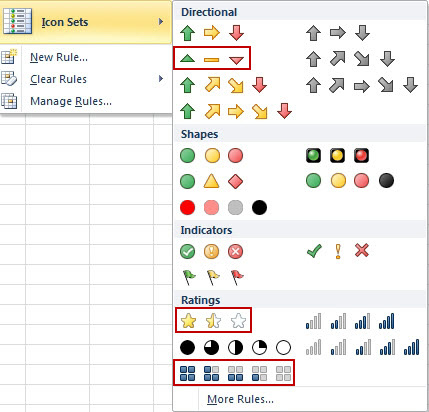 Home, Conditional Formatting, Icon Sets leads to a flyout with 20 different pre-built icons. Three of these were added in Excel 2010 - one has an up arrow, a yellow dash, and a down arrow to indicate up, flat, down.