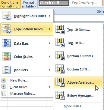 Home, Conditional Formatting, Top/Bottom Rules, Above Average...