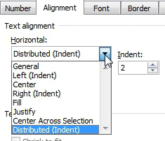 Format Cells, Alignment. For Horizontal Alignment, choose Distributed (Indent)