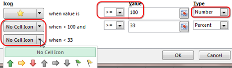 Set the gold star to appear for greater than or equal to 100 number. For the next two icons, open the icon drop-down and choose No Cell Icon.