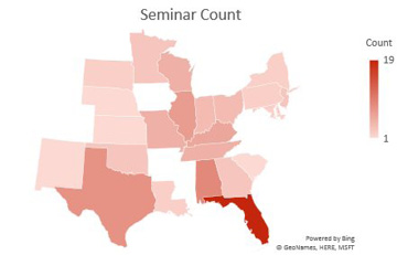 The resulting map chart shows each state in a different shade of the same color. Florida, with the highest seminar count is darkest, followed by Texas, Illinois, and Missouri.