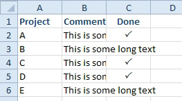 Column B has cells with Long Text. Column C is either blank or has a checkmark. When C is blank, the long text from B will spill and display in C. But when there is a checkmark in C, you can't see the end of the data in B.