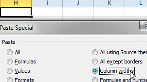In the Paste Special dialog, choose Column Widths.