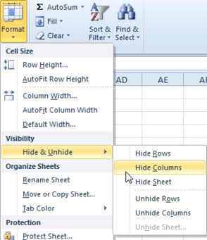 Home, Format, Hide & Unhide, Hide Columns.