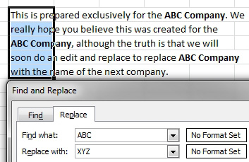 Find and Replace is not kind when you have already formatted *part* of a cell. Here, long text is in a cell with a few words in bold. Try to change ABC to XYZ...