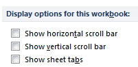 In Advanced options, there is a section called Display Options For This Workbook. Unselect all three of these settings:
Show Horizontal Scroll Bar
Show Vertical Scroll Bar
Show Sheet Tabs