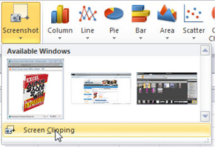 The Screenshot drop-down on the Insert tab lets you insert the entire window of any open applications. But the good choice is at the bottom of this menu and is called Screen Clipping.