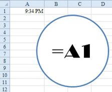 Cell A1 says 9:34 PM thanks to a =NOW() function. Click in the shape and type =A1