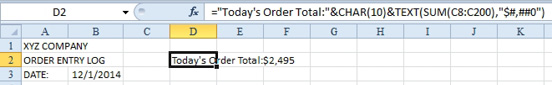 A formula in a cell concatenates some text and a formula to show Today's Order Total: $2,495