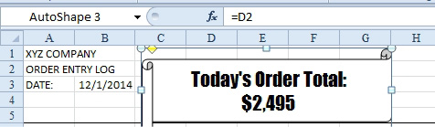 Use the formula inside a shape to create a stylish formatted shape with text showing the order total.