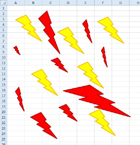 You are now in Lightning Bolt draw mode. Click anywhere for a default lightning bolt. Or click and draw to draw a different size lightning bolt. A total of 14 lightning bolt shapes are shown.