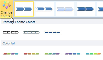 On the SmartArt tab of the ribbon, choose Change Colors. Various color schemes (some with many colors and others with various shades of one color) are available. 