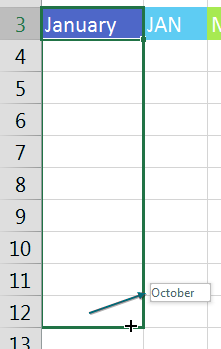 Grab the fill handle from a cell containing January and drag down. The tooltip is currently showing October.