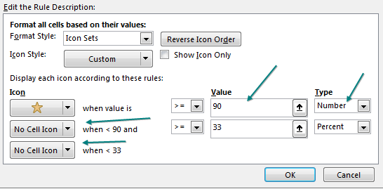 This shows several settings changed in the Edit The Rule Description dialog. First, the Gold Star is now assigned to a Number >=90. (You have to choose Number instead of Percent from the far right drop-down first.) Rather than choosing a number for the second and third icons, the leftmost dropdown menu is changed from the star to "No Cell Icon" for the second and third icons.