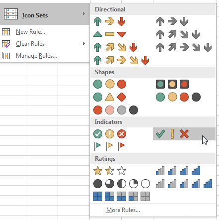 There are twenty different icon sets available. The first difference is how many icons are in the set. Some have 3 icons, 4 icons, or 5 icons. Some use a traffic light analogy: Green, Yellow, Red circles. Some have arrows pointing up, right, or down. Some have Cell Phone Power Bars.