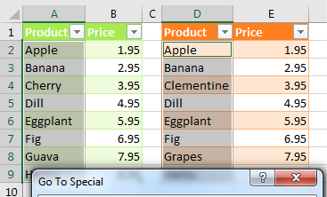 There are lists of products in A and D.  Select A2:A9. Ctrl+Select D2:D9. Open Home, Find & Select, Go To Special. Choose Row Differences. OK.