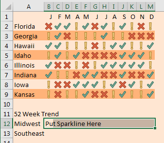 A classic problem - rows 2:9 need to show narrow data in columns B:M. Rows 12:13 need wide data in column B.