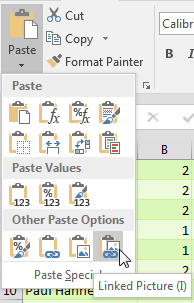 Copy the range of icons. Select the first Tuesday cell in the pivot table. On the Home tab, open the Paste Dropdown. The very last icon is called Linked Picture (I). Select this.