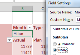 You can get rid of the Jan Actual Plus Plan column. Double-click on the Jan heading in B4. In the Field Settings, change Subtotals from Automatic to None.