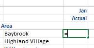 Start from what will be the first numeric cell in the report. In this case, it is a cell for January Actual Baybrook. Type an equals sign in that cell.